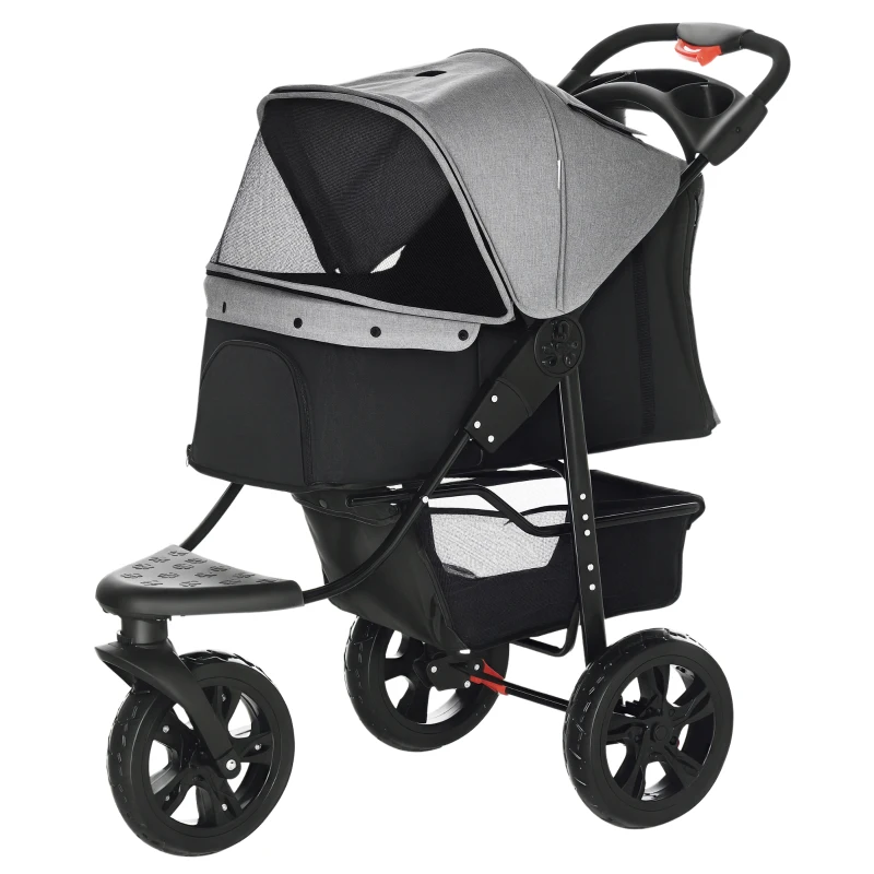 PawHut 3 Wheel Folding Dog Stroller, Travel Carrier with Adjustable Canopy, Storage Brake, Mesh Window for S&M Dogs Grey