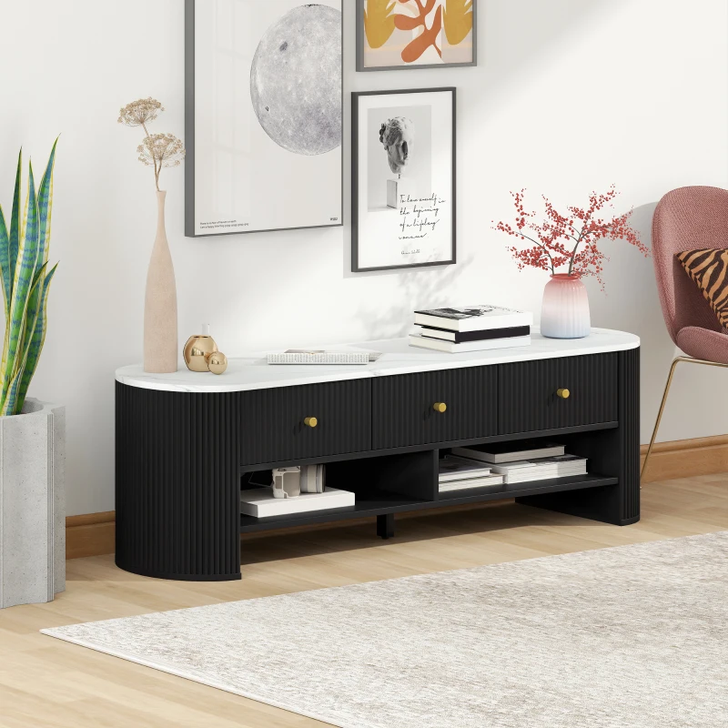 HOMCOM TV Stand, Modern TV Table with Marble-Effect Top, 3 Drawers and 2 Open Shelves for 32-65 Inch Television, Black