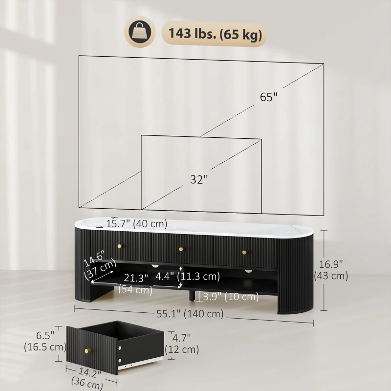HOMCOM TV Stand, Modern TV Table with Marble-Effect Top, 3 Drawers and 2 Open Shelves for 32-65 Inch Television, Black
