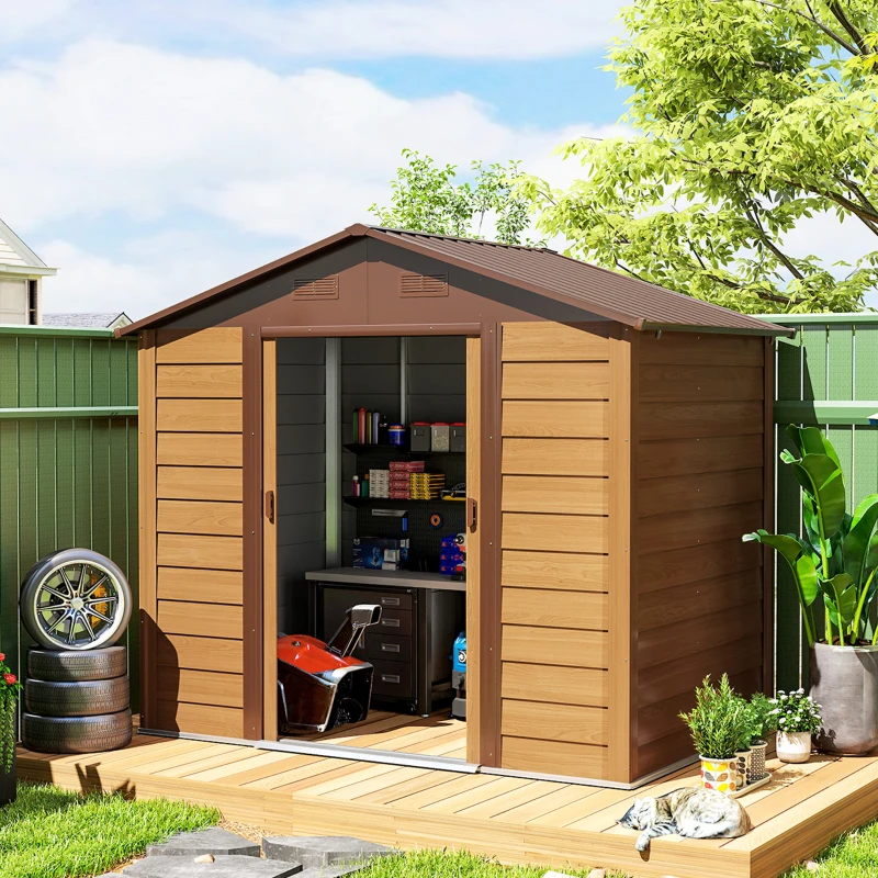 Outsunny 7.7' x 6.5' Outdoor Metal Garden Shed House Hut Gardening Tool Storage with Ventilation, Brown with Wood Grain