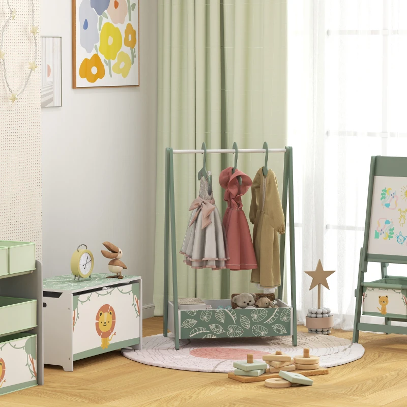 Qaba Kids Clothing Rack with Storage Shelf, Hangers, for Nursery Room, Living Room, Playroom, Green