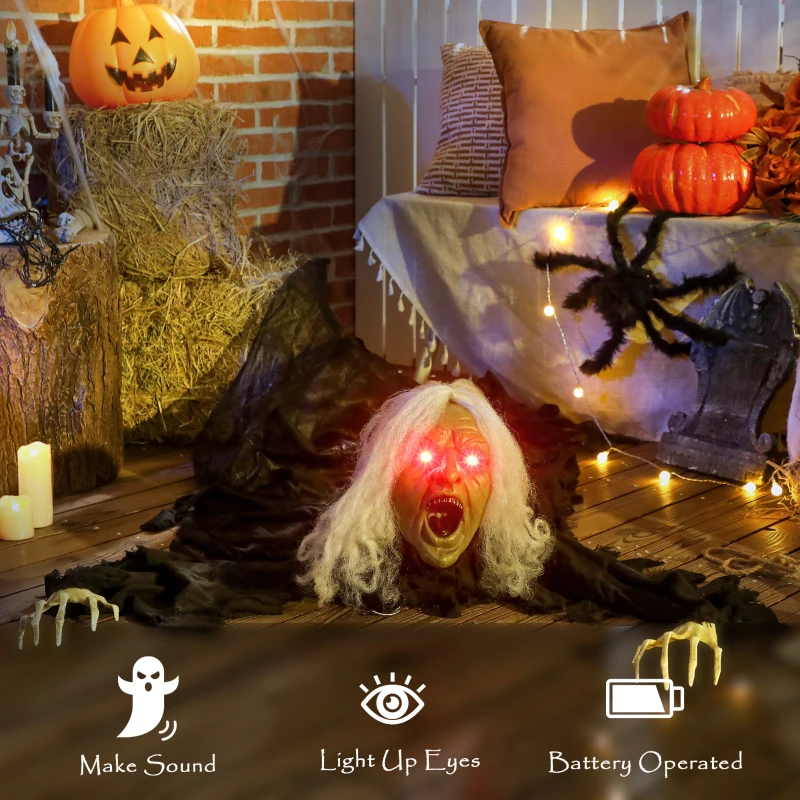 Outsunny 72" Life Size Halloween Animated Crawling Zombie with Glowing LED Eyes, Battery Operated, Indoor Outdoor Party Props