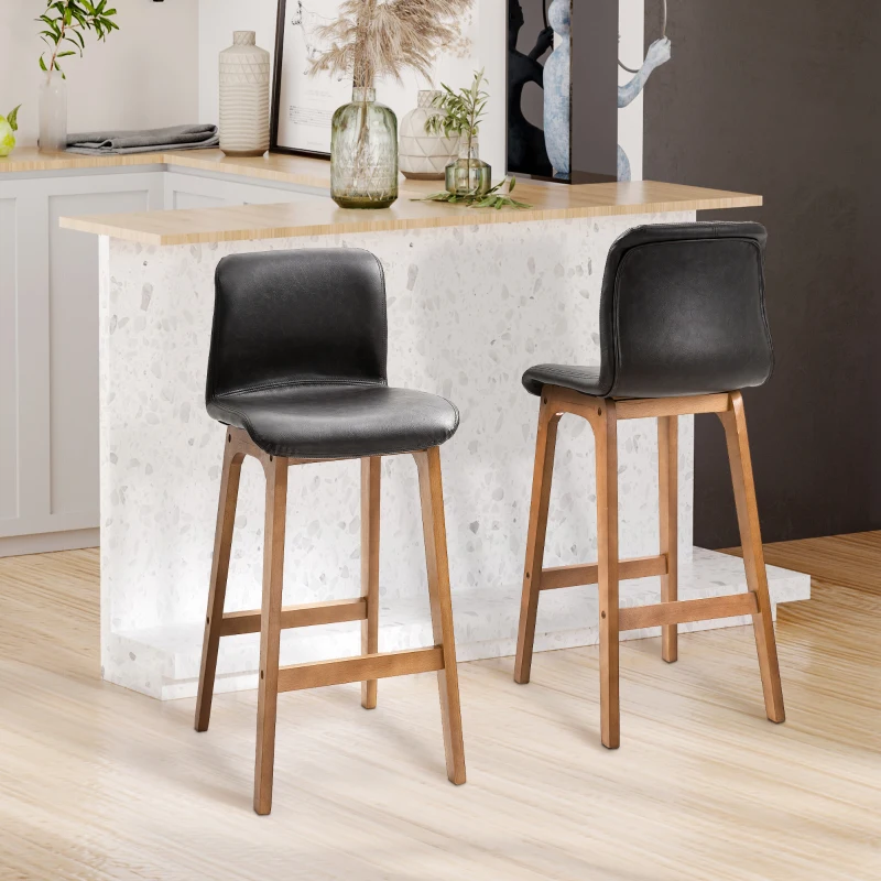HOMCOM Modern Bar Stools Set of 2, Counter Height Bar Chair with PU Leather Wooden Frame Padding Seats for Dining Room Home Bar, Dark Brown