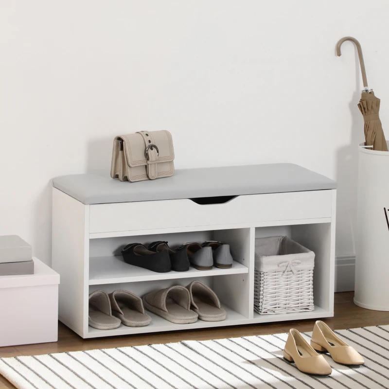 HOMCOM Shoe Bench Entryway Storage Rack with Padded Cushion, Hidden Storage for Hallway, Living Room, White