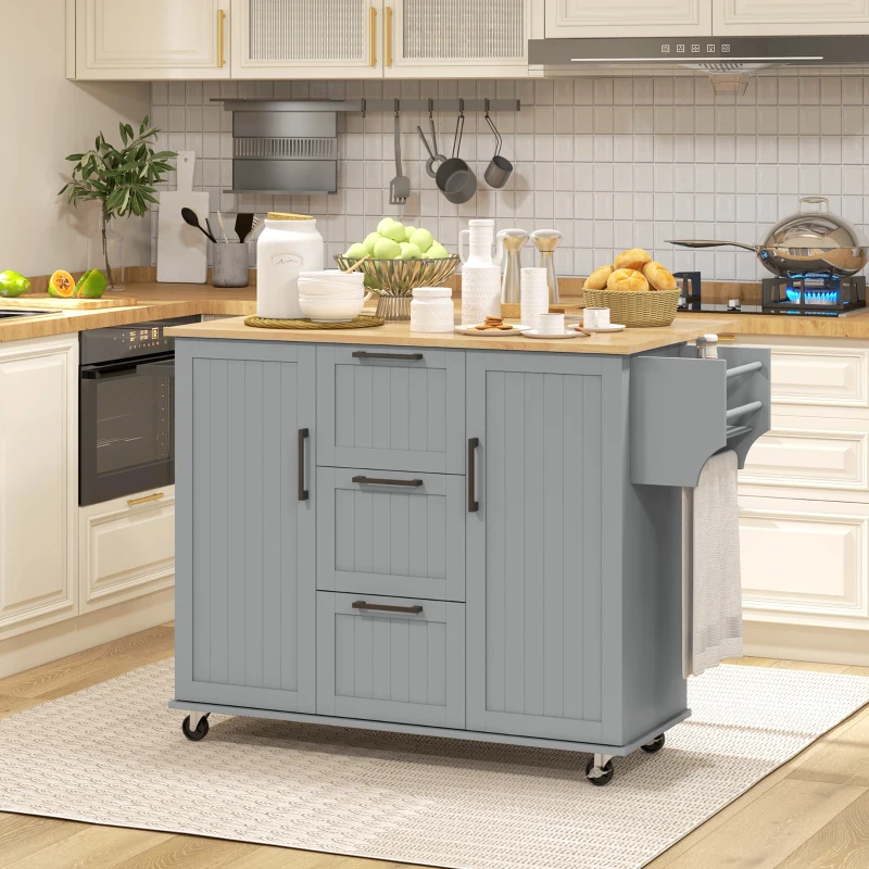 HOMCOM Rolling Kitchen Cart on Wheels with Drop Leaf, Kitchen Island with 3 Drawers, Solid Wood Top and Towel Rack, Grey