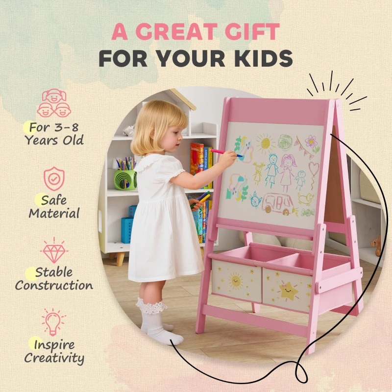 Qaba Art Easel for Kids, Double-Sided Whiteboard & Chalkboard with Paper Roll, Storage Baskets for Toddlers Ages 3-8, Pink