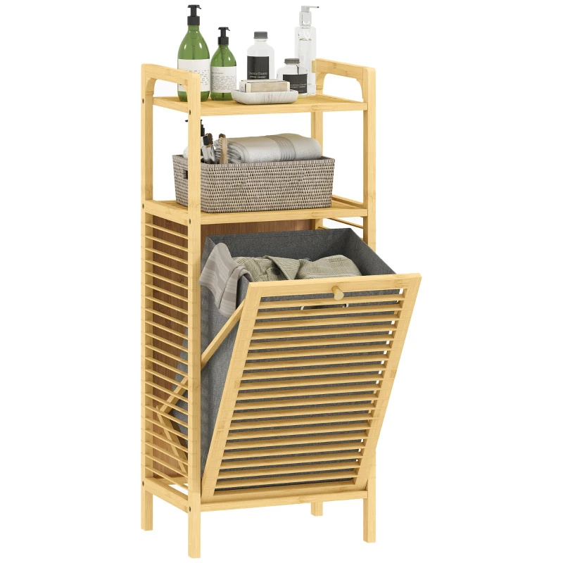 HOMCOM Bamboo Laundry Cabinet, Tilt Out Laundry Hamper with Removable Basket and Open Shelves, Natural