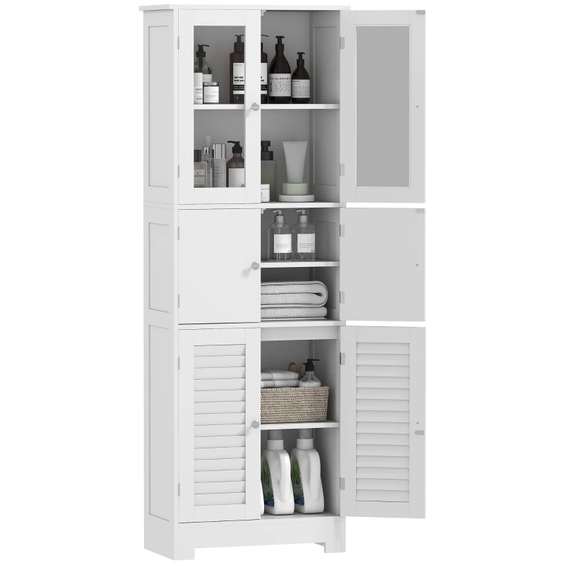 HOMCOM Freestanding Bathroom Cabinet with Glass/Louvred Doors, Tall Bathroom Storage Cabinet with Adjustable Shelf, White