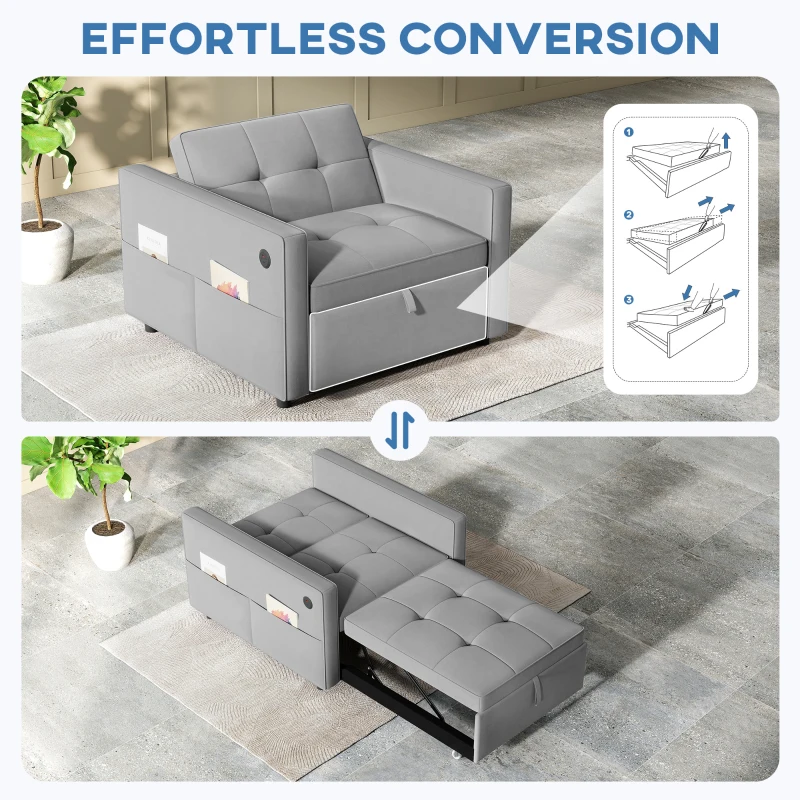 HOMCOM Convertible Chair Bed, Pull Out Sleeper Chair with USB, Adjustable Backrest, Small Velvet Futon Sofa Bed, Grey
