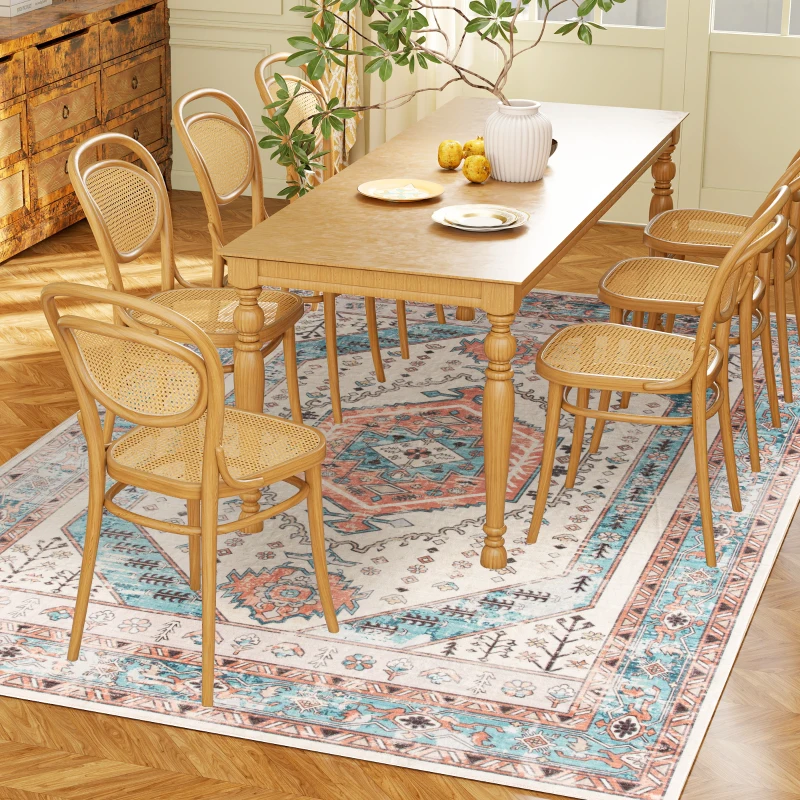HOMCOM 4x6 Area Rug, Vintage Machine Washable Rug, Non-Slip Floor Carpet for Living Room, Bedroom, Dining Room, Brown and Blue