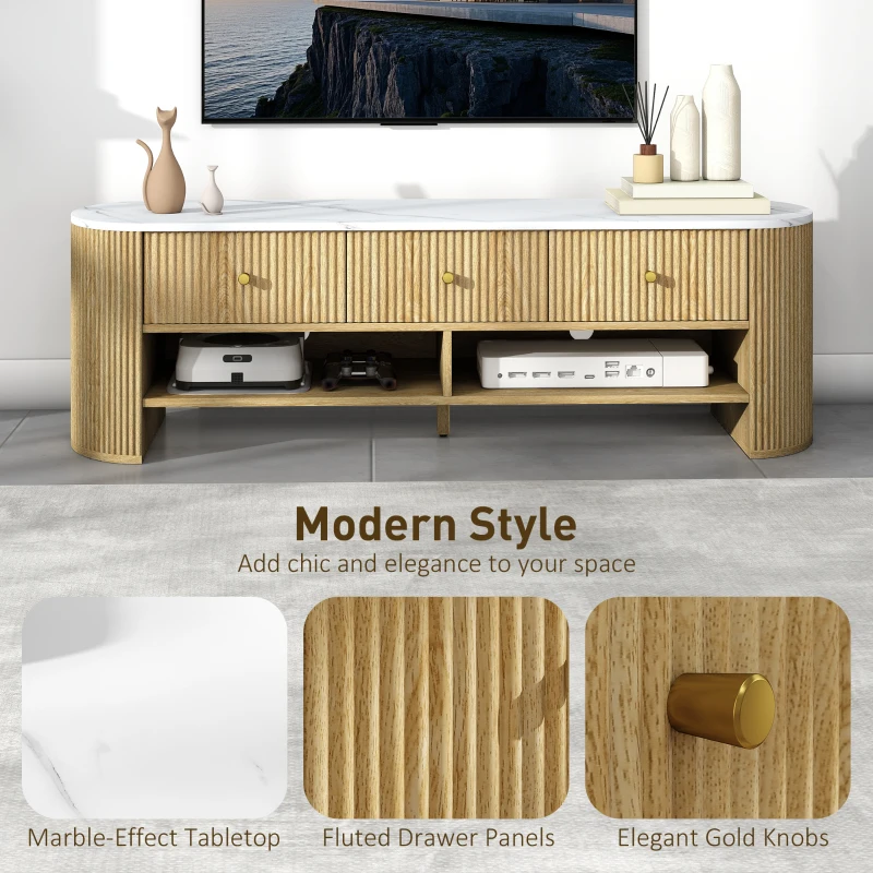 HOMCOM TV Stand, Modern TV Table with Marble-Effect Top, 3 Drawers and 2 Open Shelves for 32-65 Inch Television, Natural