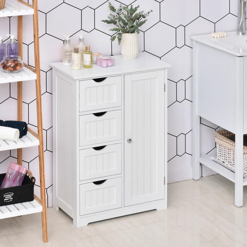kleankin Bathroom Storage Cabinet, Floor Cabinet with Adjustable Shelf and 4 Drawers, Side Cabinet for Washroom, White