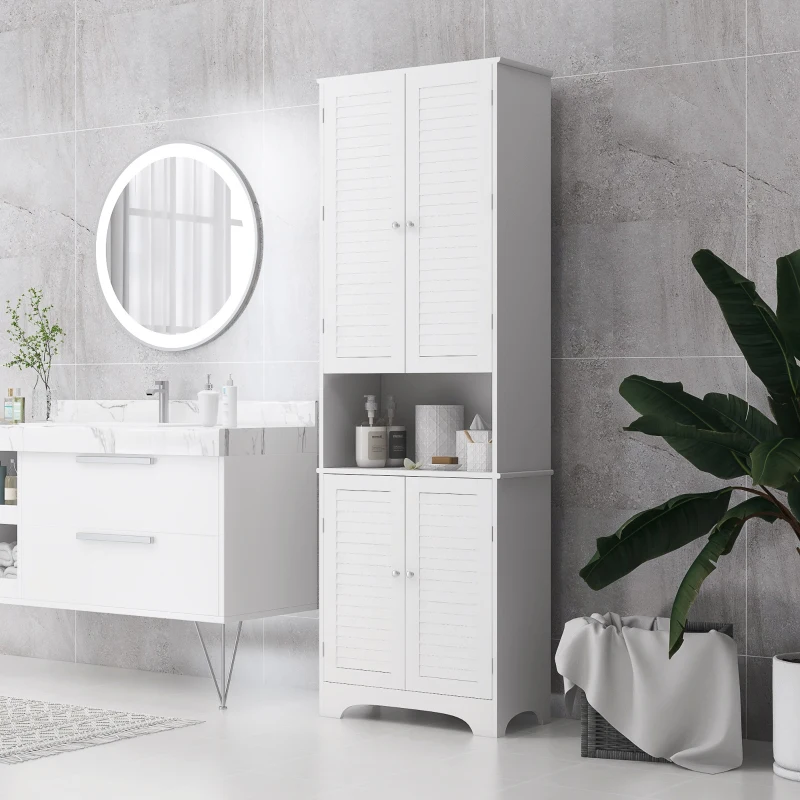HOMCOM Tall Bathroom Storage Cabinet, Slim Bathroom Cabinet with 4 Shutter Doors and Adjustable Shelves, Toilet Vanity Cabinet, Narrow Organizer, White