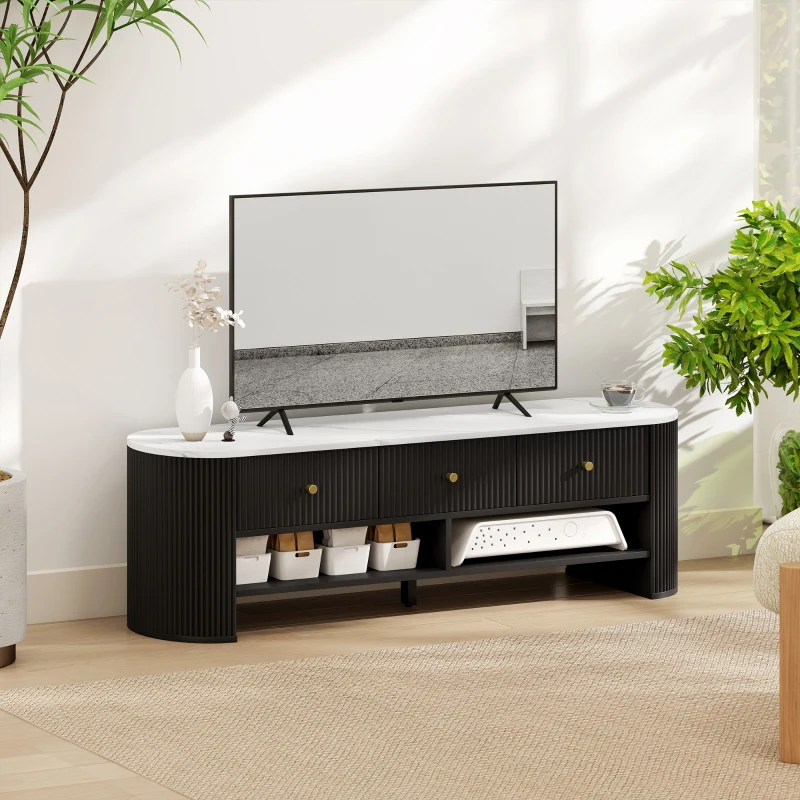 HOMCOM TV Stand, Modern TV Table with Marble-Effect Top, 3 Drawers and 2 Open Shelves for 32-65 Inch Television, Black