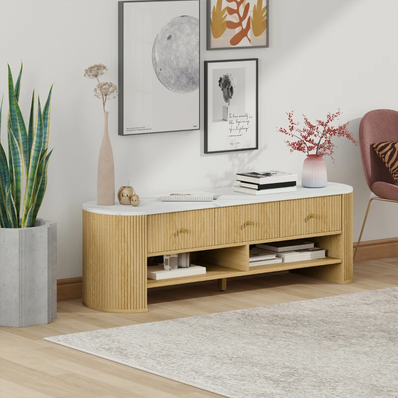 HOMCOM TV Stand, Modern TV Table with Marble-Effect Top, 3 Drawers and 2 Open Shelves for 32-65 Inch Television, Natural