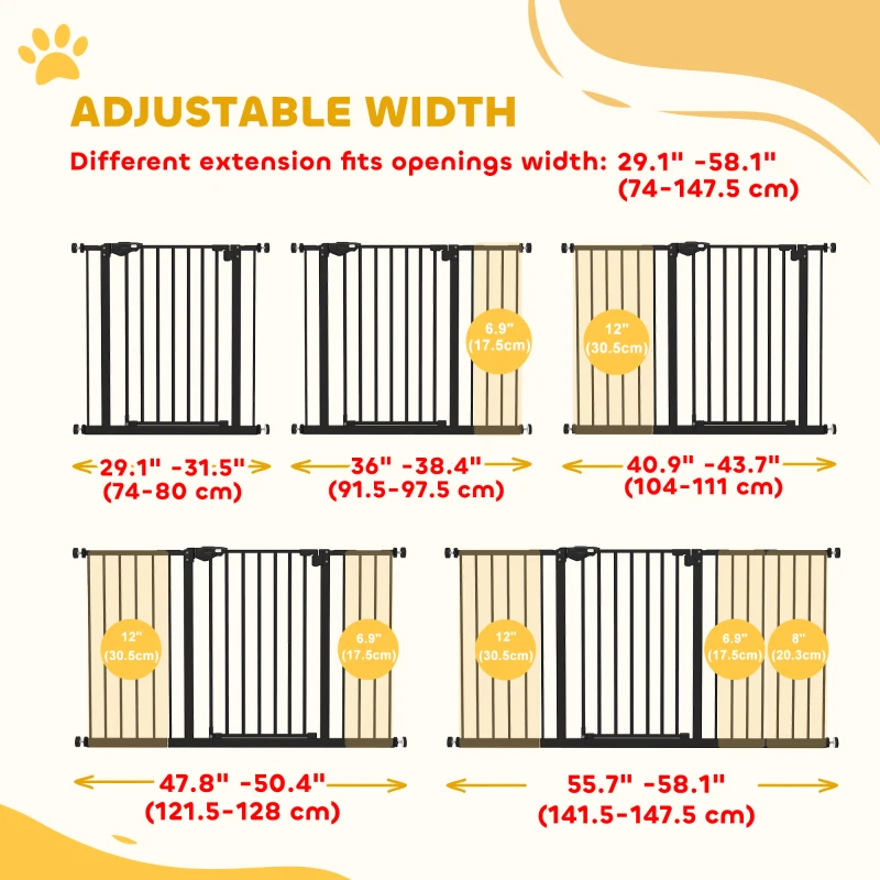 PawHut 29"-58" Wide Pet Gate with Door Dog Gate and Barrier Indoor for Stairs Includes 7", 8", 12" Extensions Kit, 30 Inch Tall Pressure-Mounted Safety Gate, Black