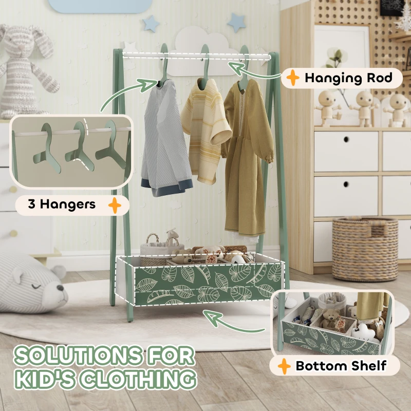 Qaba Kids Clothing Rack with Storage Shelf, Hangers, for Nursery Room, Living Room, Playroom, Green