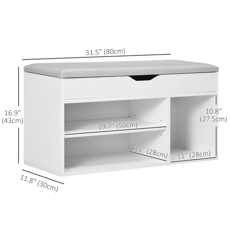 HOMCOM Shoe Bench Entryway Storage Rack with Padded Cushion, Hidden Storage for Hallway, Living Room, White