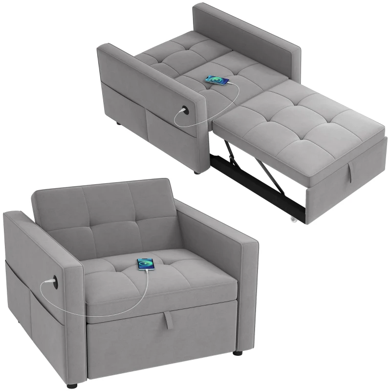 HOMCOM Convertible Chair Bed, Pull Out Sleeper Chair with USB, Adjustable Backrest, Small Velvet Futon Sofa Bed, Grey