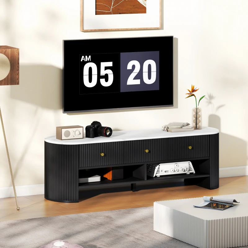 HOMCOM TV Stand, Modern TV Table with Marble-Effect Top, 3 Drawers and 2 Open Shelves for 32-65 Inch Television, Black