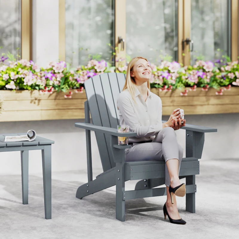 Outsunny Classic Adirondack Chair, Muskoka Chairs, Garden Deck Chair with Cup Holder for Patio, Indoor, Backyard, Dark Grey