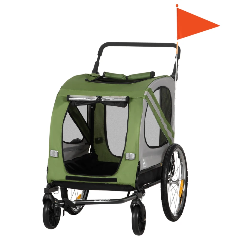 Aosom Dog Bike Trailer, 2-in-1 Dog Wagon Pet Stroller for Travel with Universal Wheel Reflectors Flag, for Small and Medium Dogs, Green