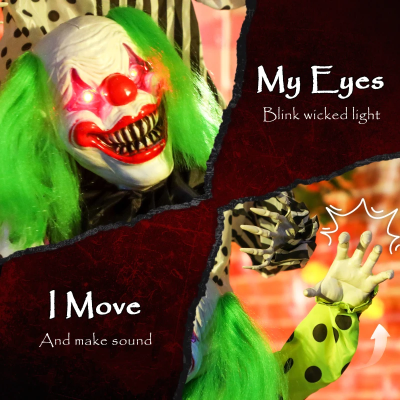 Outsunny Life Size Stackable Halloween Animated Clown with Red Light Up Eyes, Sound Activated Scary Clown Halloween Decorations