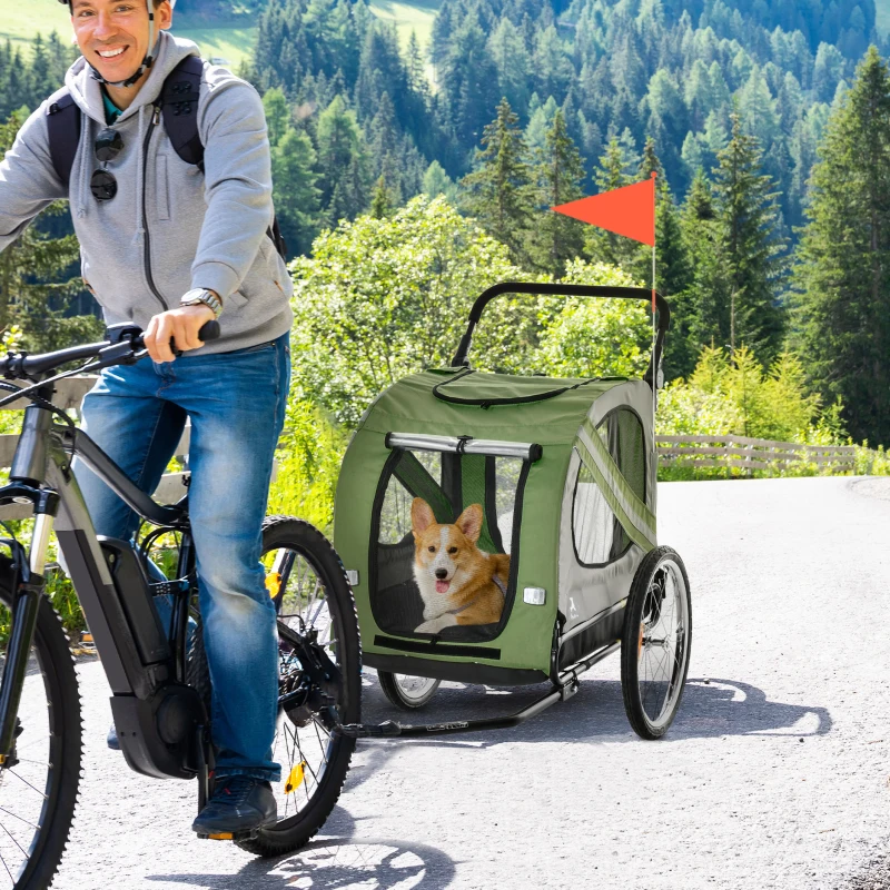 Aosom Dog Bike Trailer, 2-in-1 Dog Wagon Pet Stroller for Travel with Universal Wheel Reflectors Flag, for Small and Medium Dogs, Green