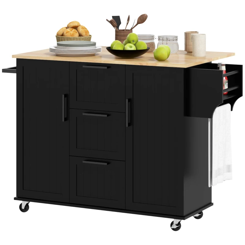 HOMCOM Rolling Kitchen Cart on Wheels with Drop Leaf, Kitchen Island with 3 Drawers, Solid Wood Top and Towel Rack, Black