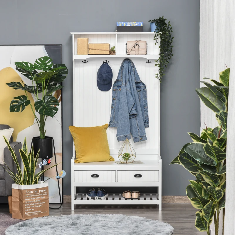 HOMCOM Coat Rack Shoe Bench, Hall Tree with Bench and Shoe Storage, Entryway Bench with 4 Hooks, 2 Drawers, 2 Shelves, White