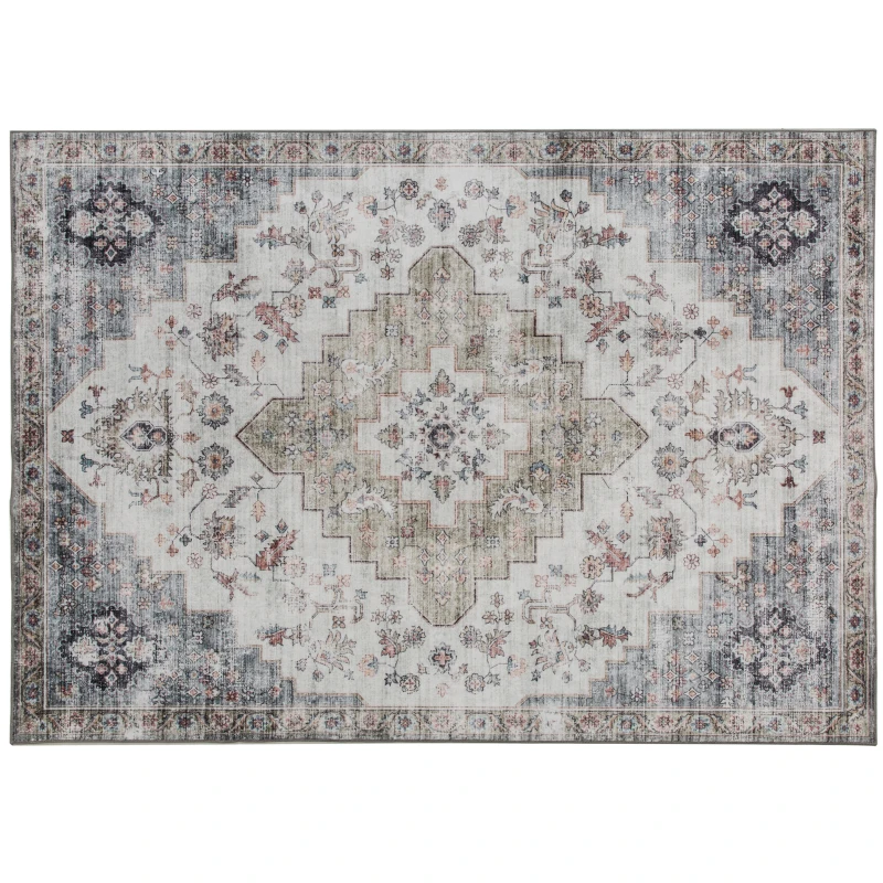 HOMCOM 5x7 Area Rug, Vintage Machine Washable Rug, Non-Slip Carpet for Living Room, Bedroom, Dining Room, Brown and Green