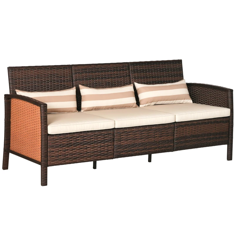 Outsunny 3-Seater Wicker Sofa, PE Rattan Outdoor Couch Conversation Furniture with Removable Cushions for Patio, Garden, Brown