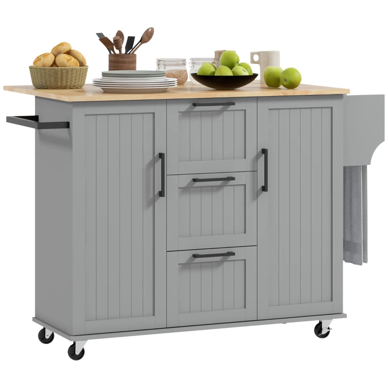 HOMCOM Rolling Kitchen Cart on Wheels with Drop Leaf, Kitchen Island with 3 Drawers, Solid Wood Top and Towel Rack, Grey