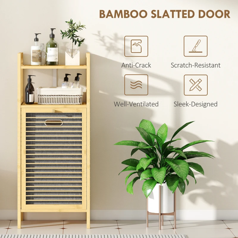 HOMCOM Bamboo Laundry Cabinet, Tilt Out Laundry Hamper with Removable Basket and Open Shelves, Natural