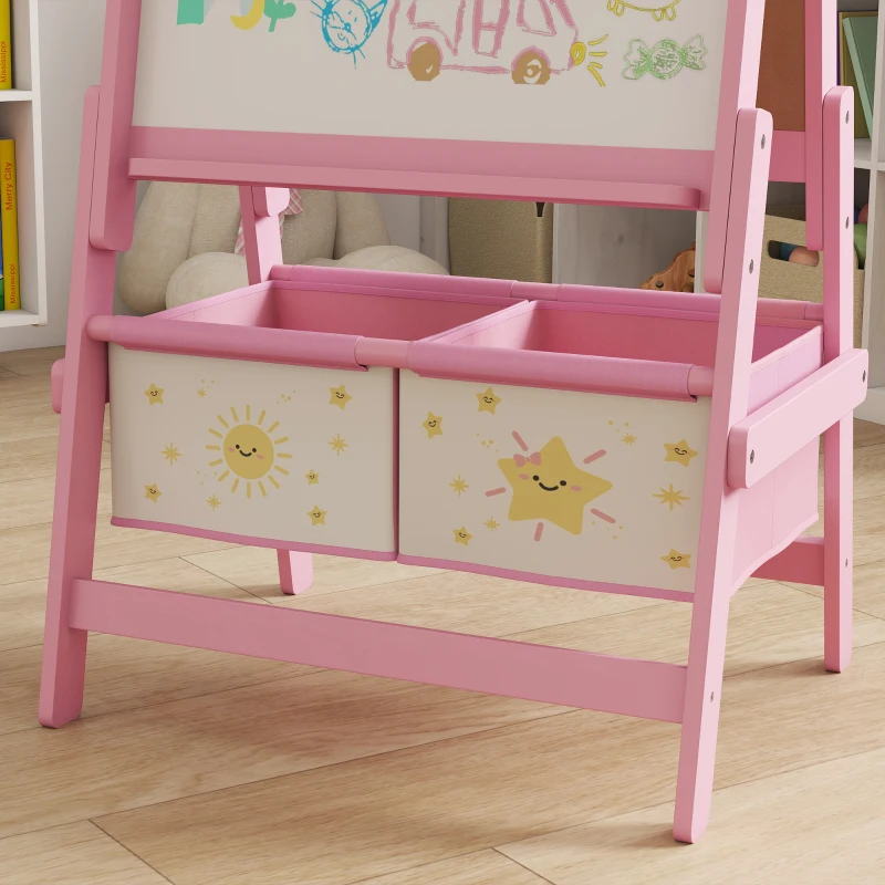 Qaba Art Easel for Kids, Double-Sided Whiteboard & Chalkboard with Paper Roll, Storage Baskets for Toddlers Ages 3-8, Pink