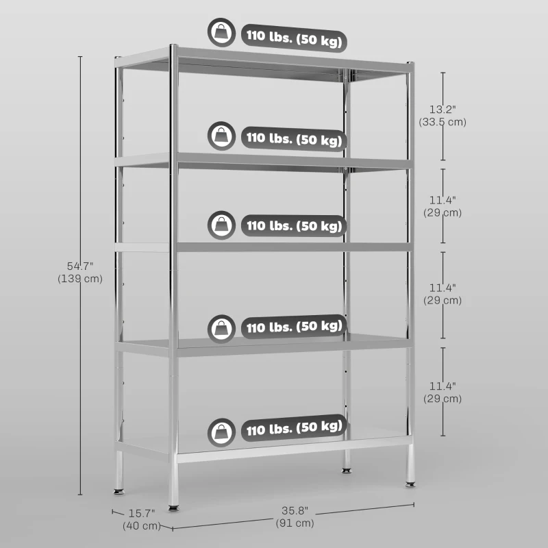 HOMCOM Bakers Rack, 5-Tier Stainless Steel Kitchen Storage Shelf with Adjustable Heights for Spices, Pots and Pans, Silver