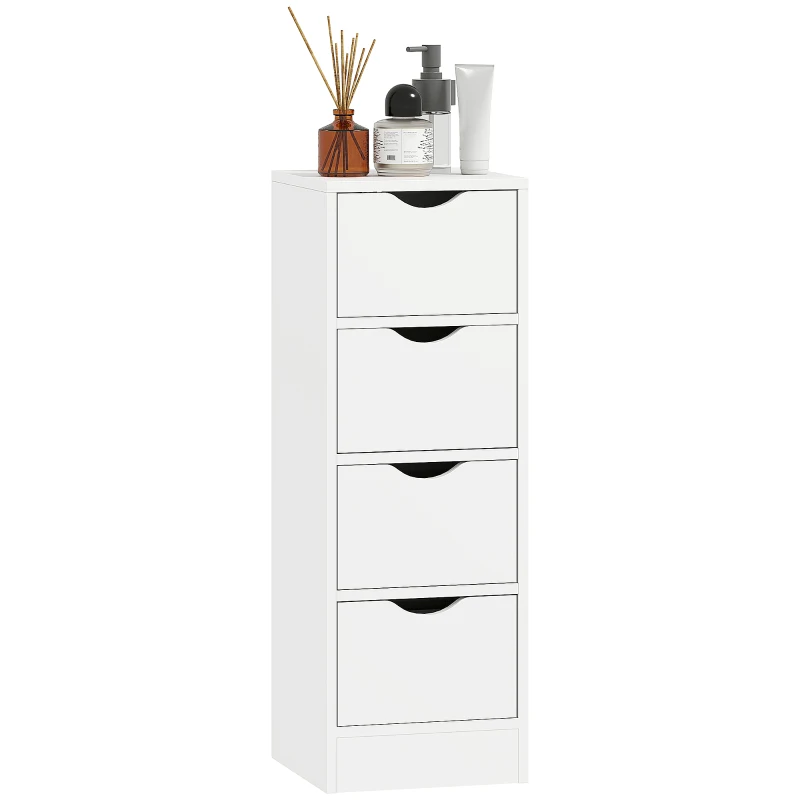 HOMCOM 4-Drawer Bathroom Cabinet, Freestanding Narrow Storage Cabinet with Groove Handles for Small Spaces, White