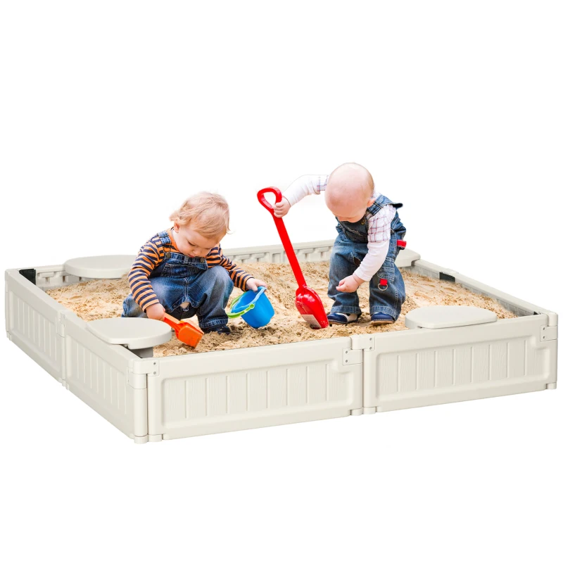 Outsunny Kids Outdoor Sandbox with Cover Garden Bed, Easy Assembly for Backyard, Cream White, 48.5" x 48.5" x 8.25"