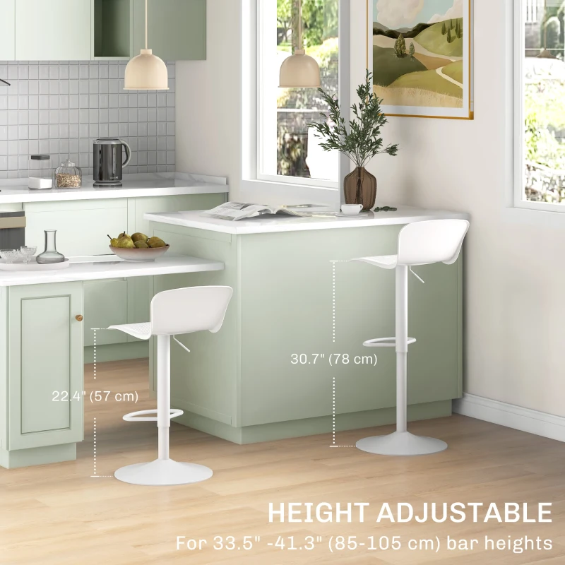 HOMCOM Polypropylene Bar Stools Set of 2, Swivel Barstools with Adjustable Height, Footrest and Backrest, White