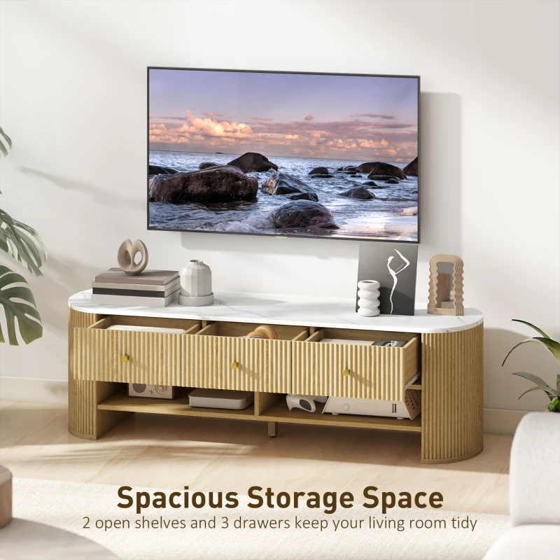 HOMCOM TV Stand, Modern TV Table with Marble-Effect Top, 3 Drawers and 2 Open Shelves for 32-65 Inch Television, Natural