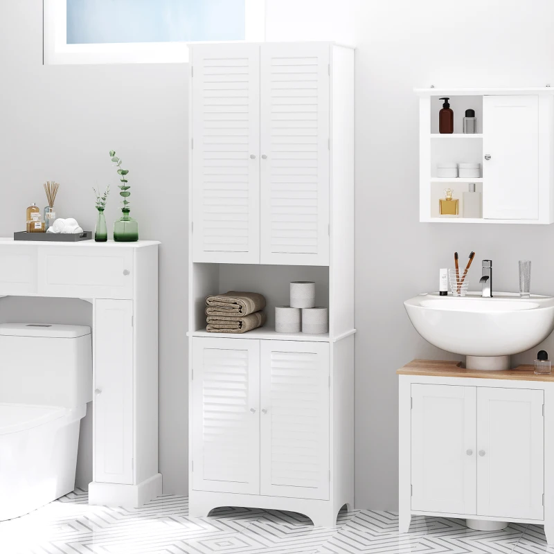 HOMCOM Tall Bathroom Storage Cabinet, Slim Bathroom Cabinet with 4 Shutter Doors and Adjustable Shelves, Toilet Vanity Cabinet, Narrow Organizer, White