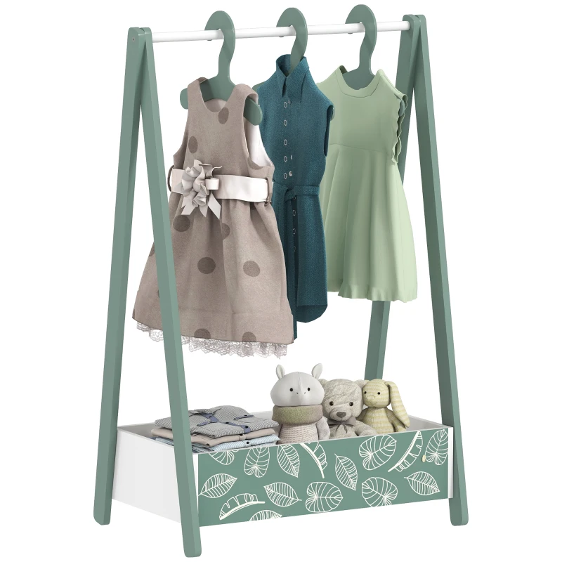 Qaba Kids Clothing Rack with Storage Shelf, Hangers, for Nursery Room, Living Room, Playroom, Green