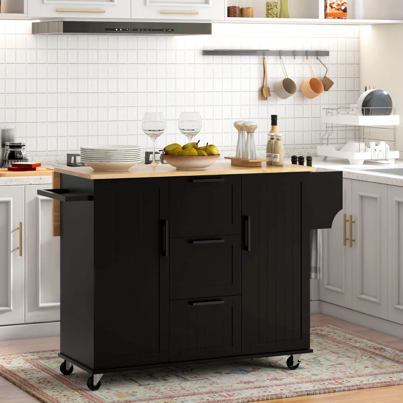 HOMCOM Rolling Kitchen Cart on Wheels with Drop Leaf, Kitchen Island with 3 Drawers, Solid Wood Top and Towel Rack, Black