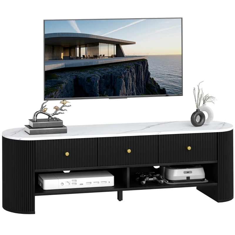 HOMCOM TV Stand, Modern TV Table with Marble-Effect Top, 3 Drawers and 2 Open Shelves for 32-65 Inch Television, Black