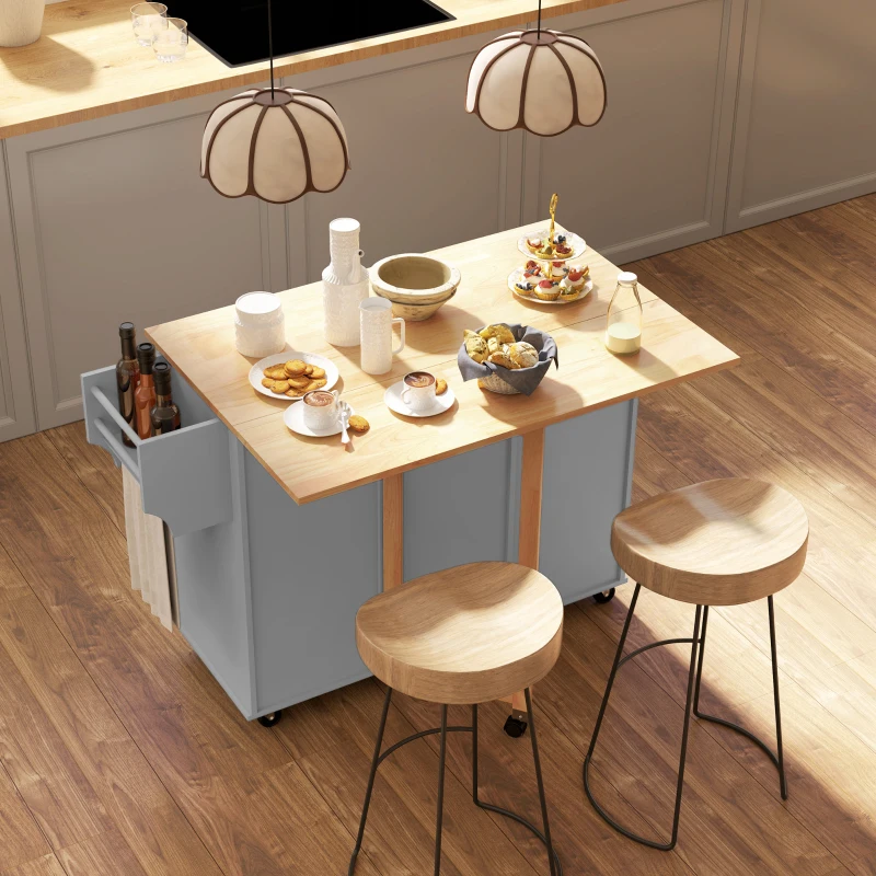 HOMCOM Rolling Kitchen Cart on Wheels with Drop Leaf, Kitchen Island with 3 Drawers, Solid Wood Top and Towel Rack, Grey
