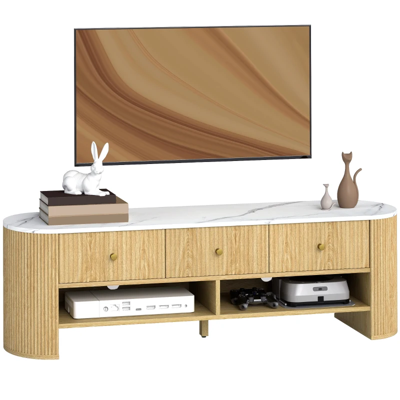 HOMCOM TV Stand, Modern TV Table with Marble-Effect Top, 3 Drawers and 2 Open Shelves for 32-65 Inch Television, Natural