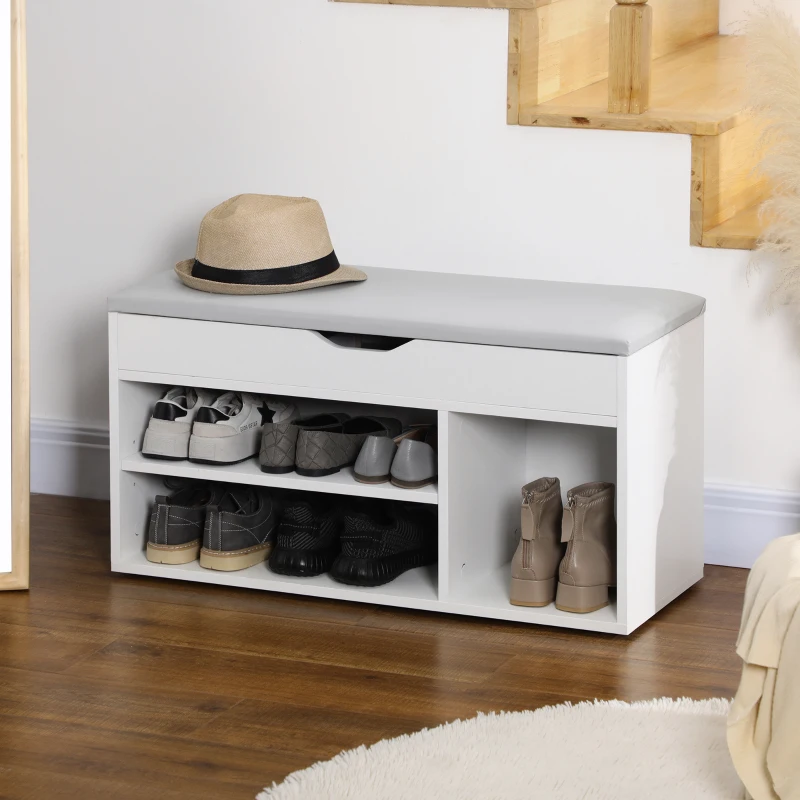 HOMCOM Shoe Bench Entryway Storage Rack with Padded Cushion, Hidden Storage for Hallway, Living Room, White