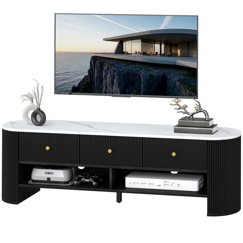 HOMCOM TV Stand, Modern TV Table with Marble-Effect Top, 3 Drawers and 2 Open Shelves for 32-65 Inch Television, Black
