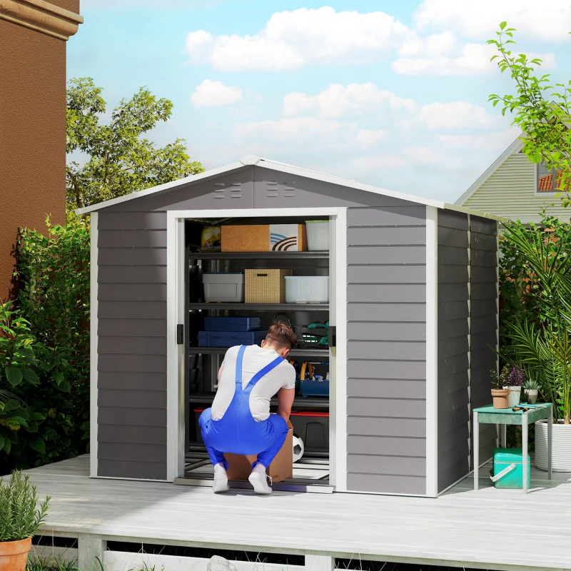 Outsunny 8' x 7' Outdoor Storage Shed, Easy to Assemble, Upgraded Galvanized Metal Garden Shed with Lockable Doors, Floor Frame and Gloves for Backyard, Lawn, Patio, Light Grey