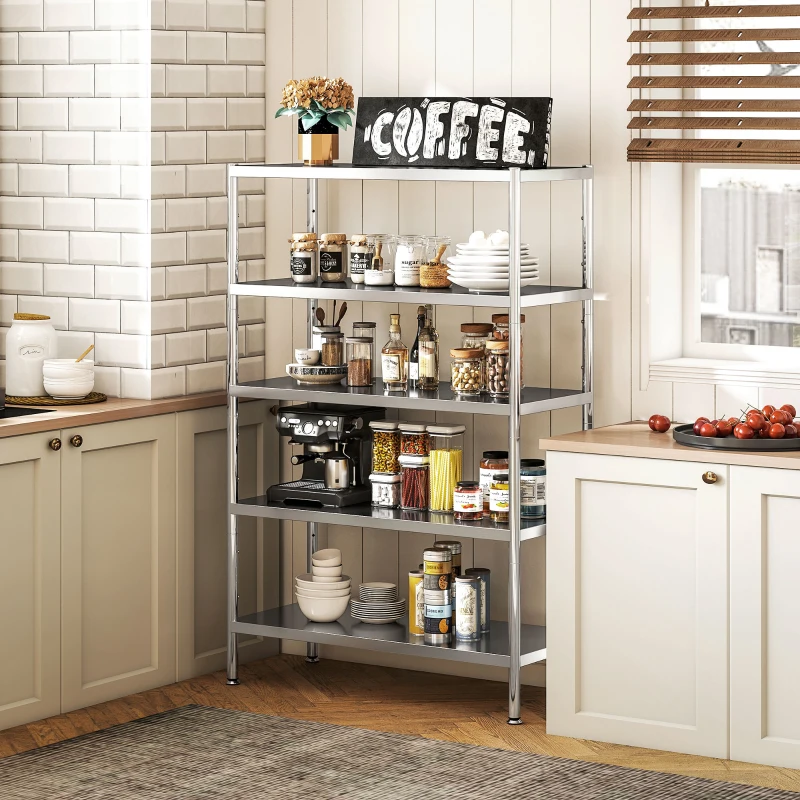 HOMCOM Bakers Rack, 5-Tier Stainless Steel Kitchen Storage Shelf with Adjustable Heights for Spices, Pots and Pans, Silver
